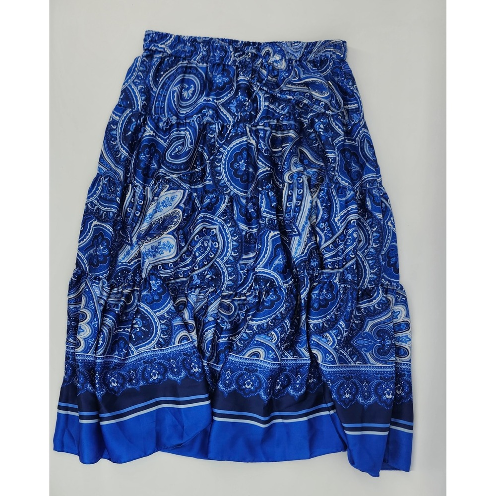Lauren Ralph Lauren Blue Paisley Tiered Maxi Skirt XL Elastic Waist Boho Flowy